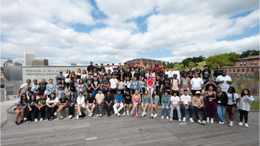 鶹Ӱ's 4MILE students visiting the Michael S. Van Leesten Memorial Bridge in Providence, RI